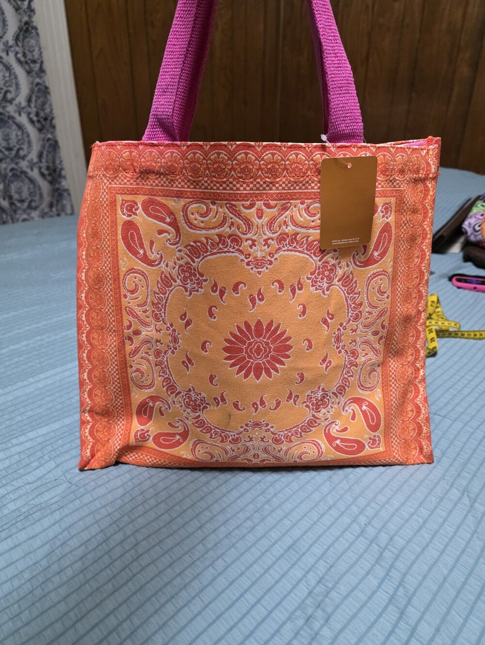 NWT Stylish Orange-Pink Paisley Tote Bag with Fuchsia Handles